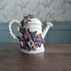 Vintage Dezine Watering Can Trinket Box Lid Cream Floral Hand Painted 1993